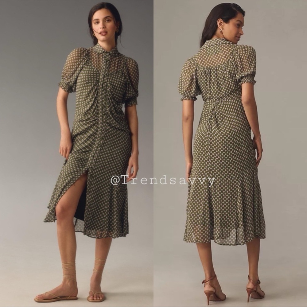Anthropologie Moss Green Pink Floral Ruched Mesh Midi Shirt Dress 4 Puff Sleeves